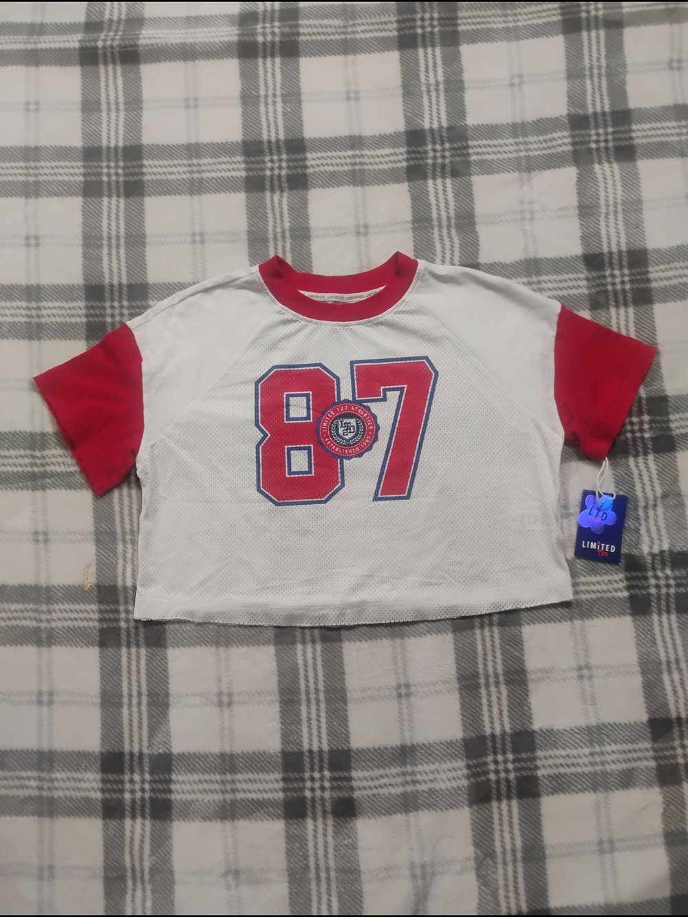 Limited Too White Crop Tee with Red Sleeves & '87 Graphic